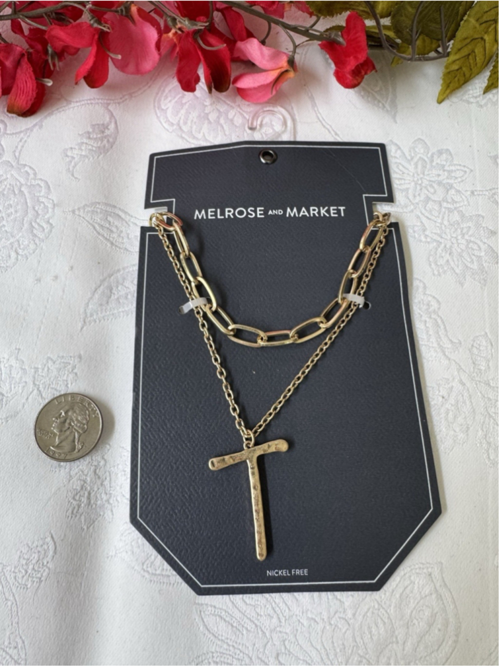 Melrose & Market Gold Tone 16.5" Wide 2 Chain LInk Initial T Charm Necklace NEW